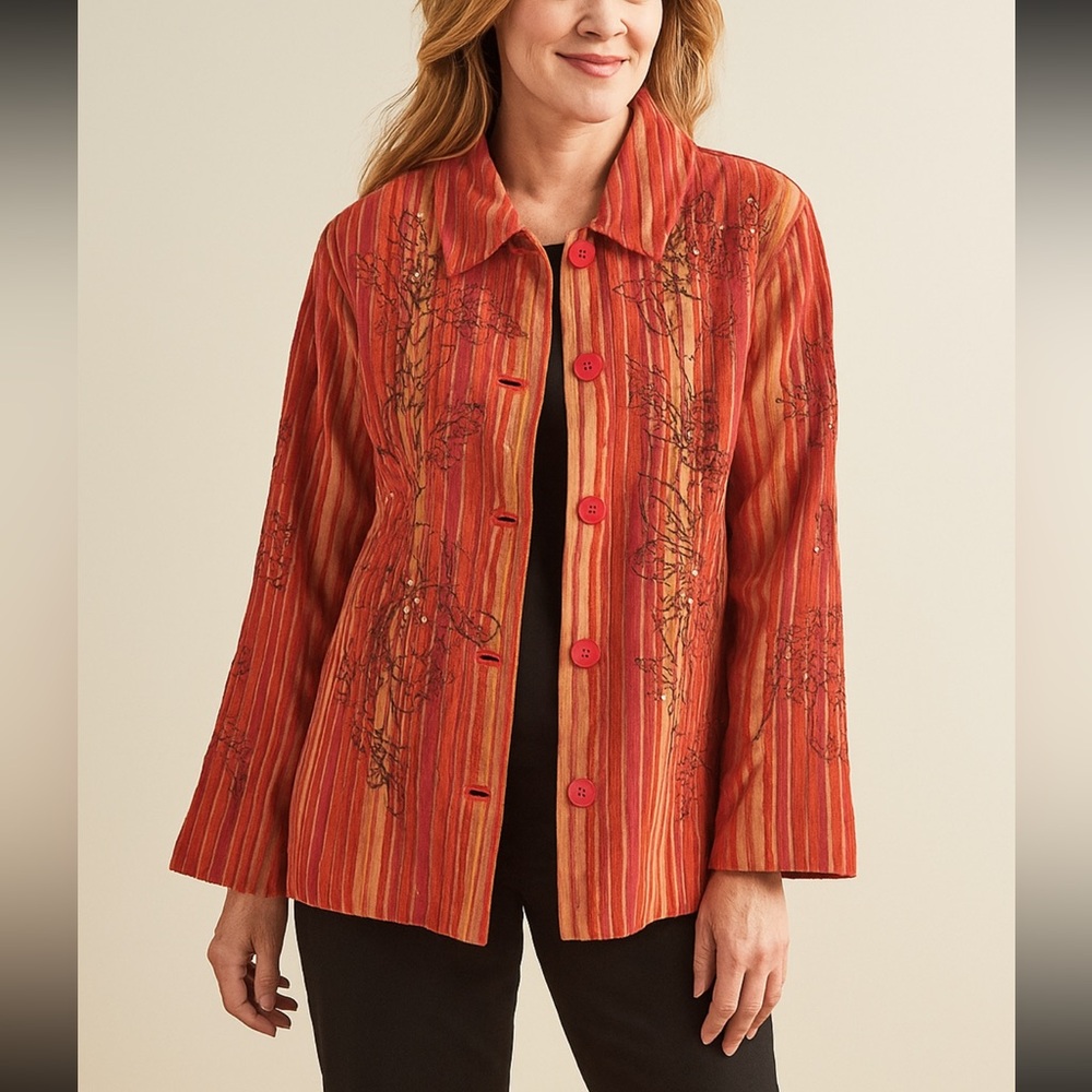 Coldwater Creek Burnout Velvet Embroidered Floral Jacket Plus 3X Artsy Whimsy